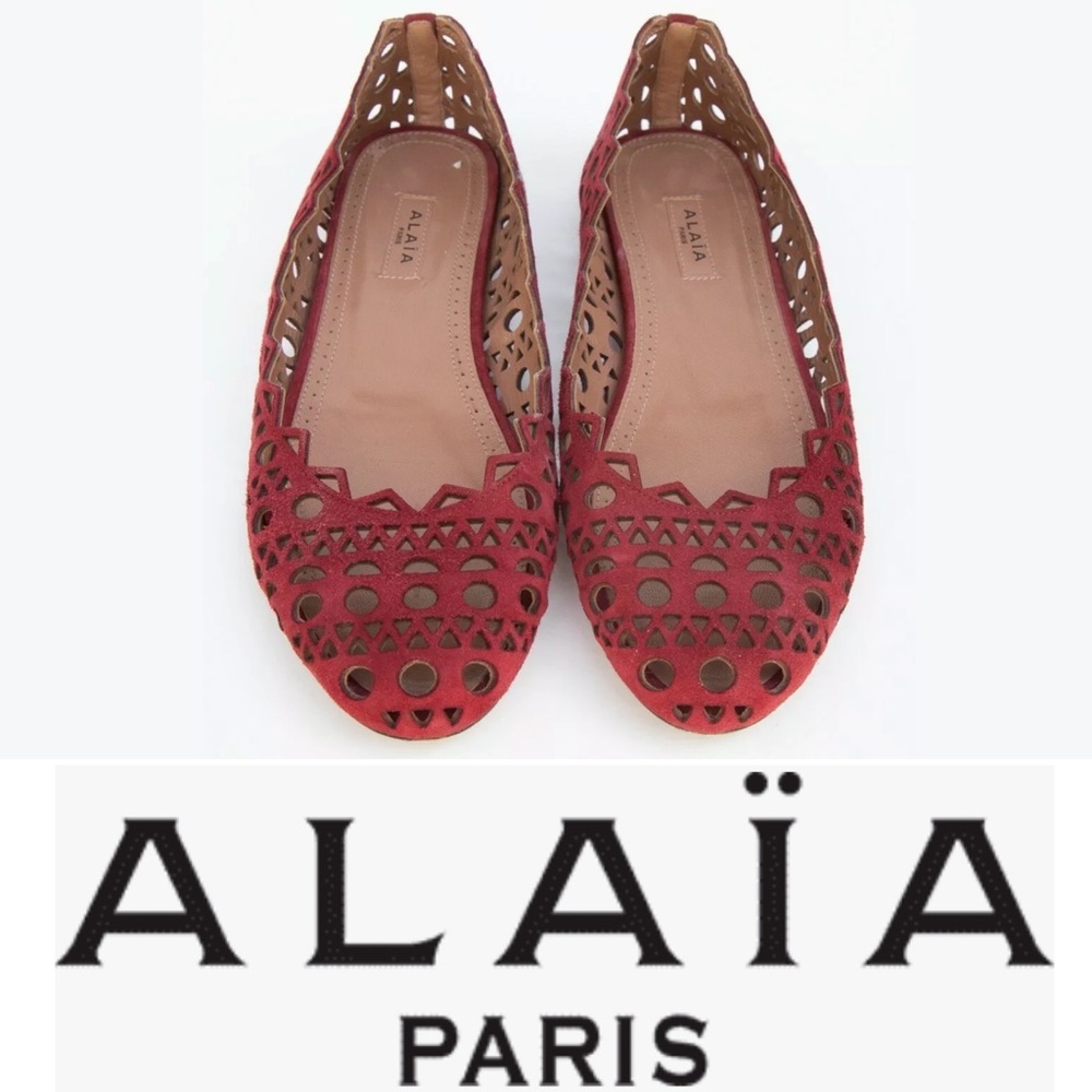 ALAIA Paris Red Suede BALLERINA Laser Cut Flats - Picture 8 of 8